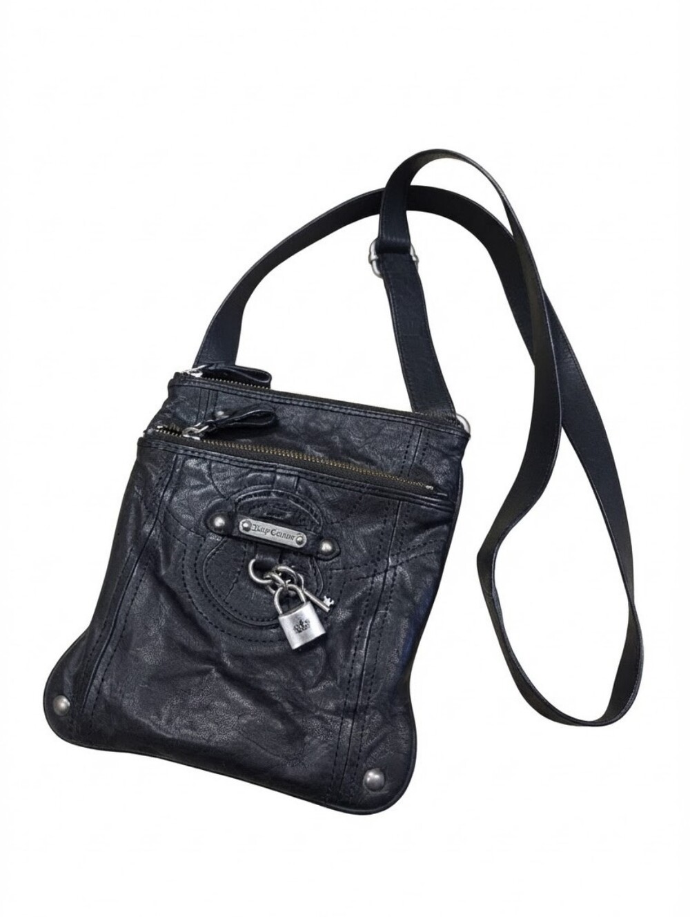 Vintage Y2K Juicy Couture Black Leather Crossbody Bag with Padlock Charm